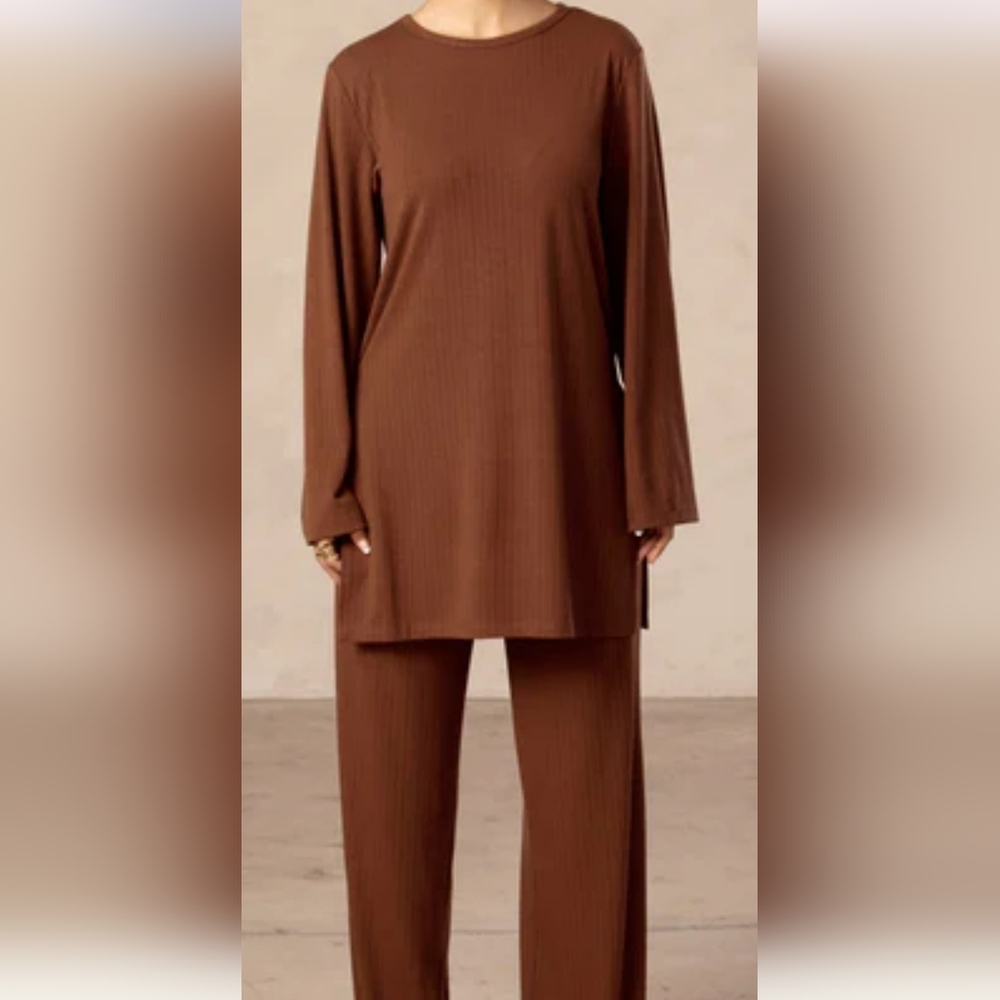 Veiled Collection Hannah Ribbed Tunic & Pants Matching Set - Brown Size L